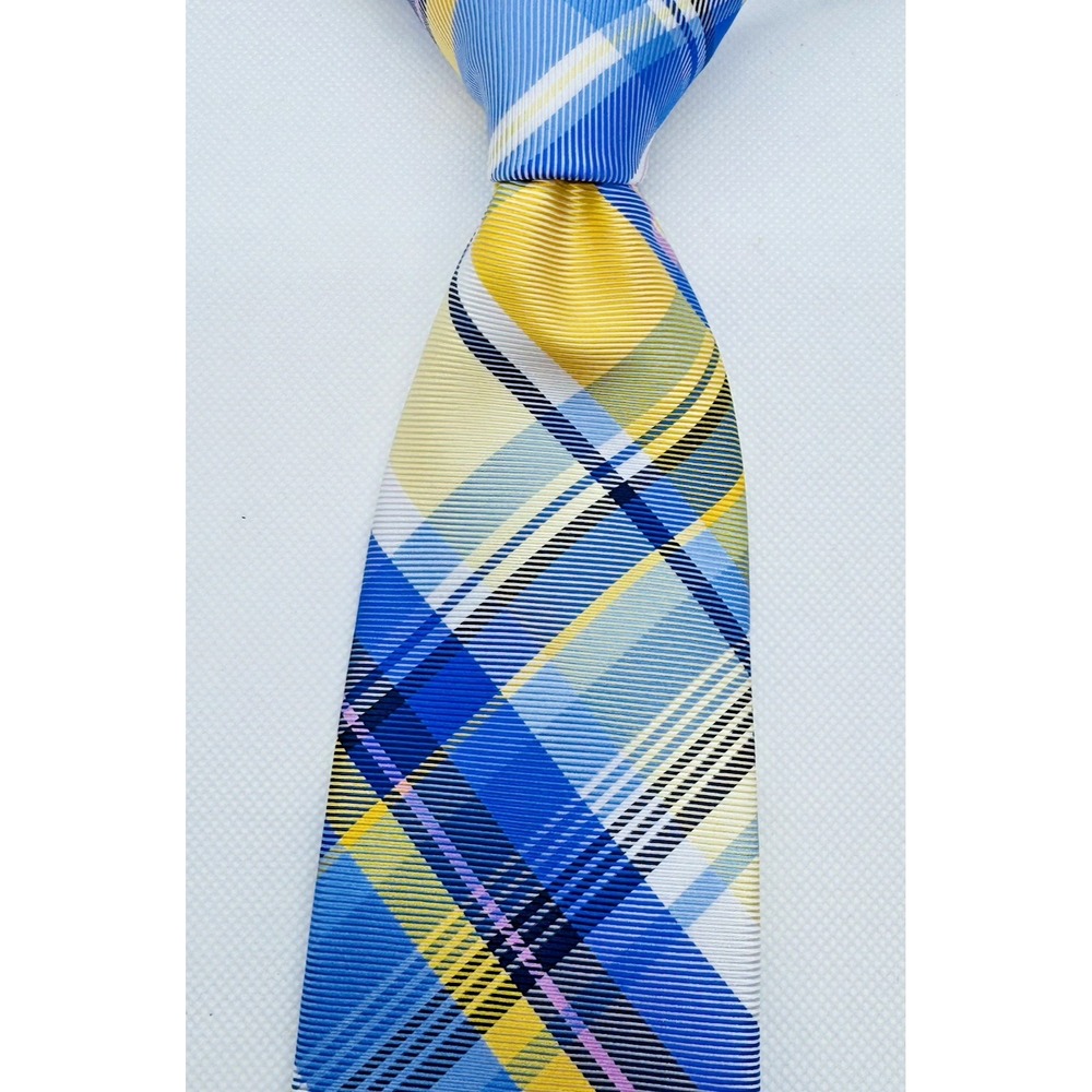 Tommy Hilfiger Tie‎ Mens Silk Blend Blue Yellow Plaid  Preppy Business 60"L 3"W